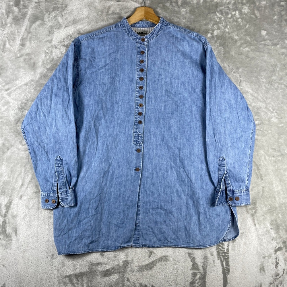 Vintage LL Bean Shirt Women L Oversized Denim Band Collar Grandfather Napoleon